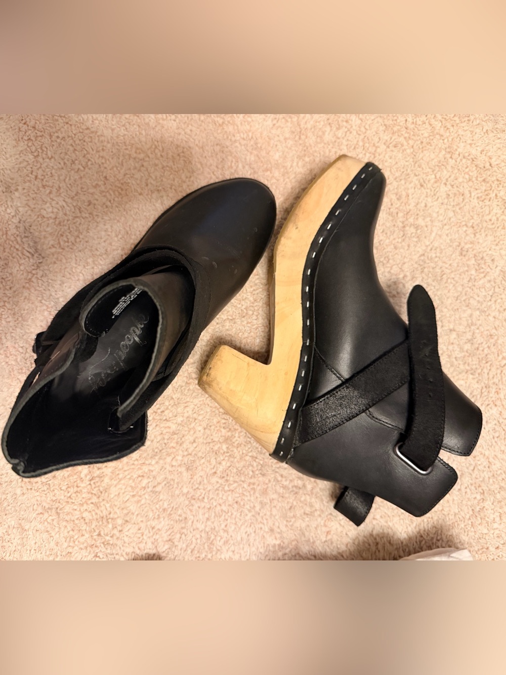 Black Leather Free People Clog Ankle Boots with Wood Heel - Women